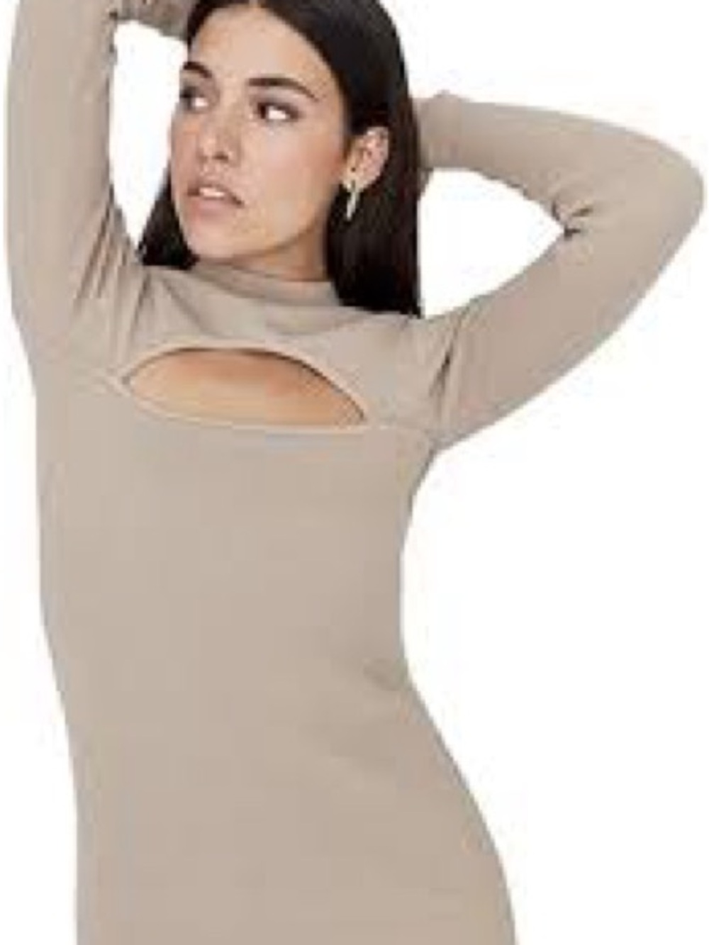 Missguided long sleeve mock neck dress with prominent chest cut out in taupe